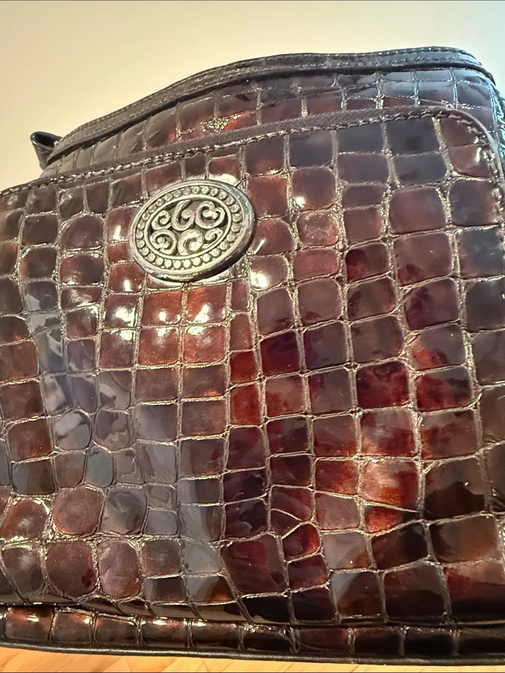 Brighton Vintage chocolate brown glossy Croc-Embossed Leather Messenger Bag